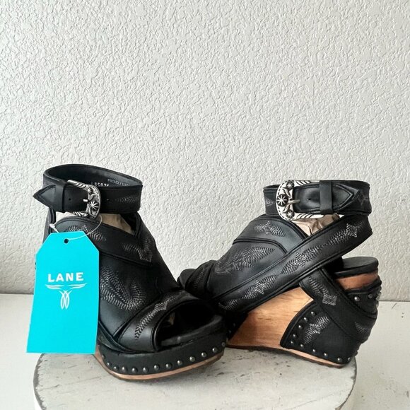 Lane boots Shoes - Lane Boots LEXINGTON Womens Black Wedges 7 Western Sandals Cowgirl Wooden Heels